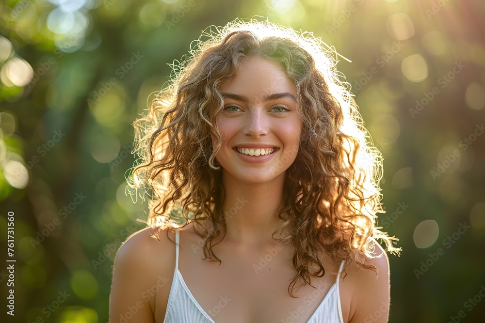 Smiling blond woman with curly hair and white tank outdoors in sunny day amidst lush greenery Smiling blond woman with curly hair and white tank outdoors in sunny day amidst lush greenery
