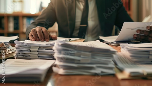 Corporate professional managing organized chaos of documents filling a cluttered office desk
