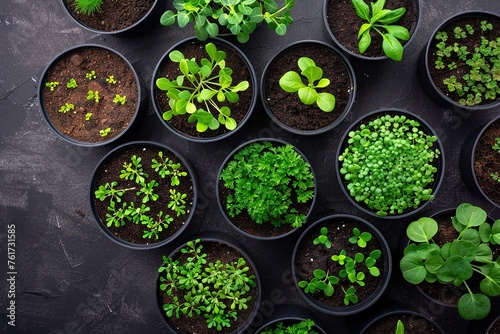 Top View of Seedlings in Pots on Gray Background