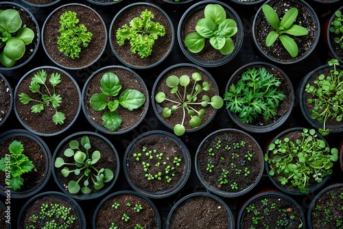 Top View of Seedlings in Pots on Gray Background
