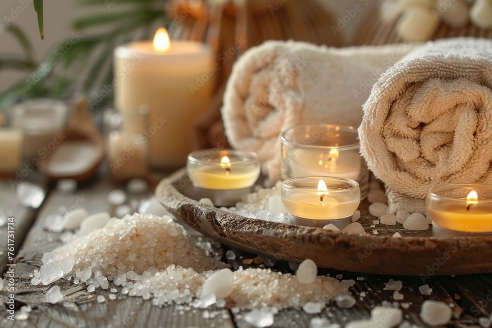 Peaceful spa environment with candles, towels, and salt for rejuvenation Peaceful spa environment with candles, towels, and salt for rejuvenation