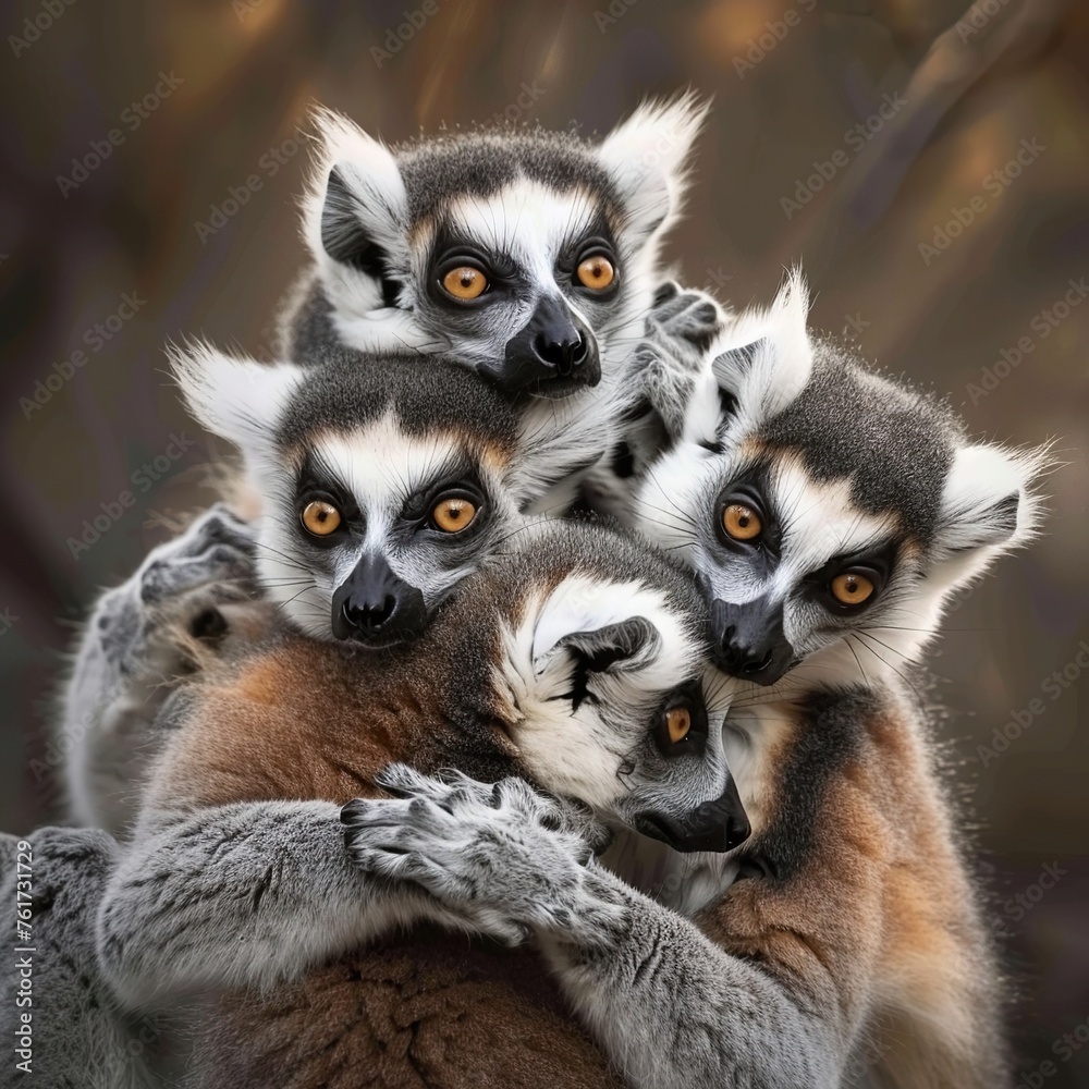 Obraz premium Group of ring-tailed lemurs sitting together in wildlife habitat, hugging