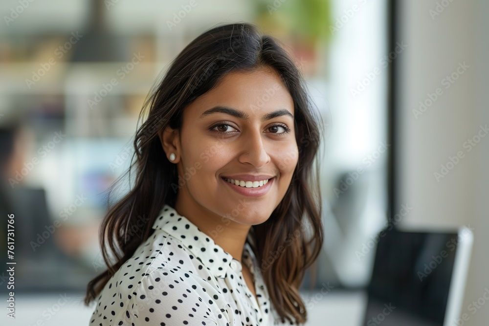Portrait of a smiling Indian woman in a polka dot shirt at the office Portrait of a smiling Indian woman in a polka dot shirt at the office