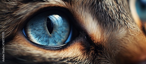 A close up of a cats electric blue eye, showcasing its intricate eyelash, iris, and whiskers. A mesmerizing glimpse into the world of Felidae, terrestrial carnivores