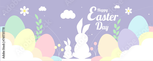 Flat easter day decorated greeting card illustration banner template background design