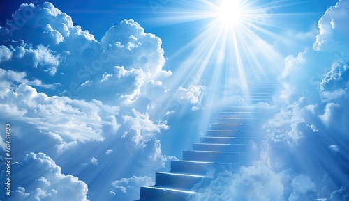 Stairway to Heaven Amidst Fluffy White Clouds in a Blue Sunny Sky