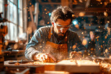 A bearded craftsman, engulfed in a halo of wood shavings and golden light, works diligently with a plane on a piece of timber in his bustling woodworking shop.