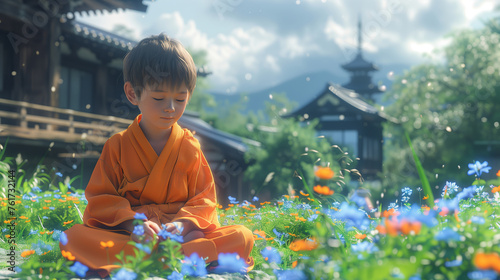 Young monk sits in front of mountain village close up portrait. Little boy meditation.