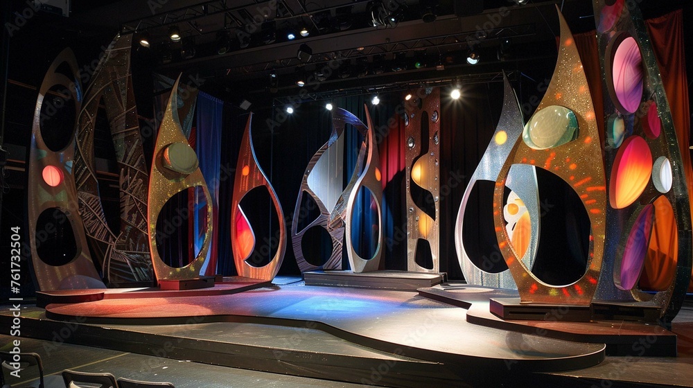 Obraz premium A stage design with abstract sculptures or installations that double as seating or props.