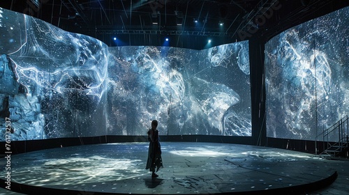 A stage design with built-in projection surfaces for immersive video mapping experiences.