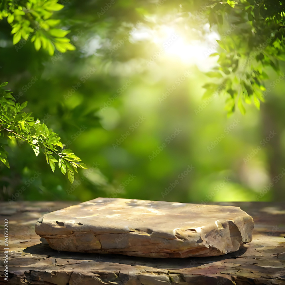 Stone product advertisement podium with green leaves background, Minimalistic nature background

