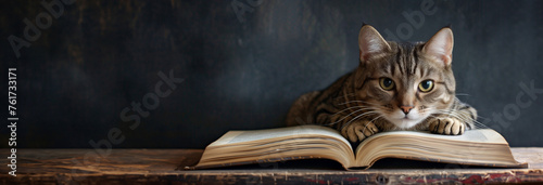 Tabby cat lying on an open book against grey background. Intellectual pet and cozy reading concept. Banner for World Book Day event with copy space. 