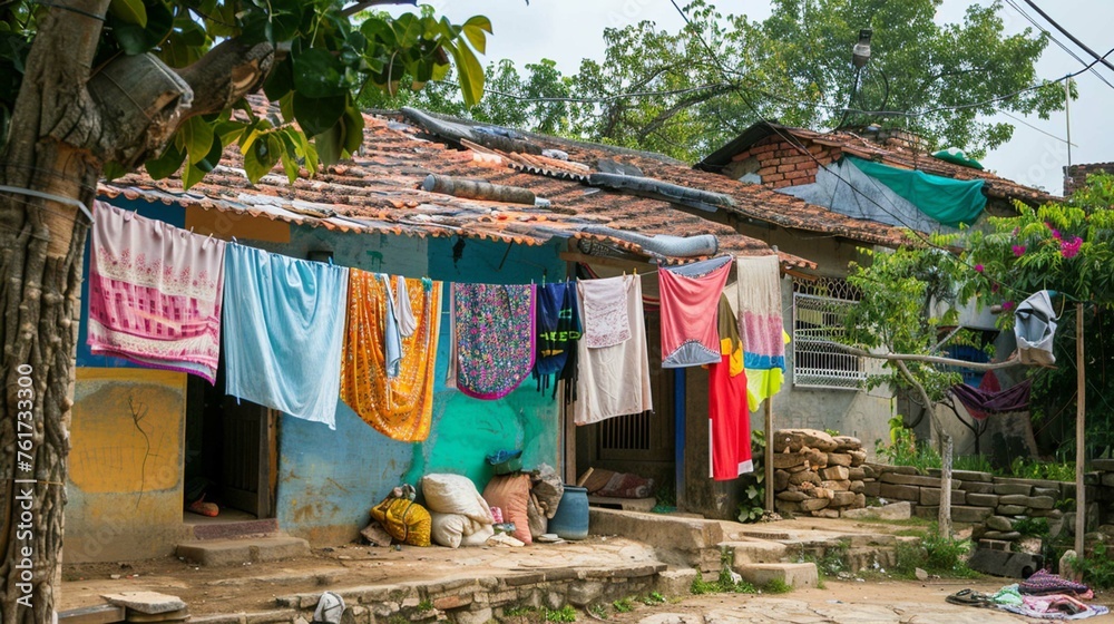 A village with colorful laundry hanging out to dry.