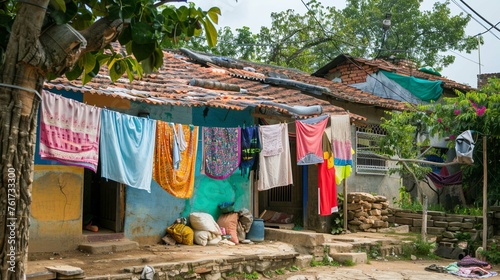 A village with colorful laundry hanging out to dry.