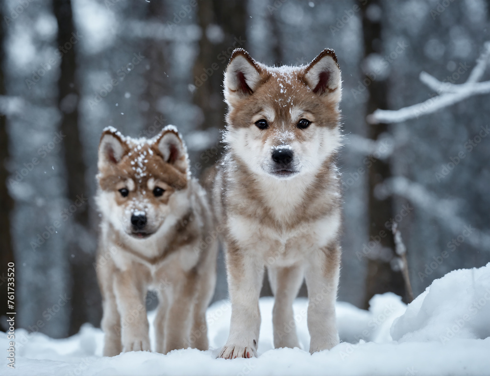Obraz premium Young puppy Wolf in a snow covered forest.