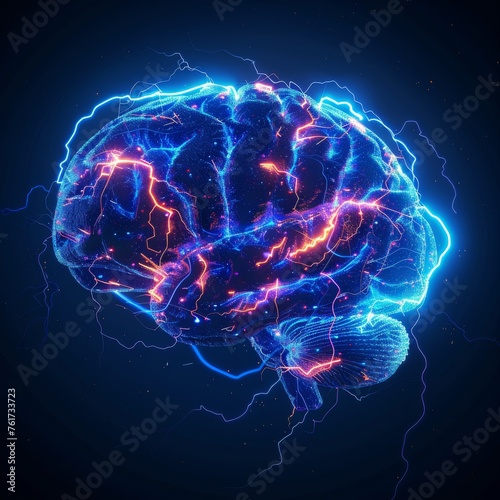 Digital illustration of a human brain with electrical activity in a cosmic background, conveying a concept of intelligence.