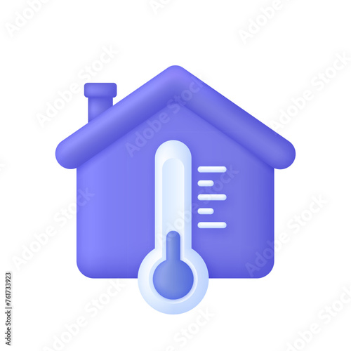 3D House and thermometer icon. Temperature change control in the house. Conditioning home concept