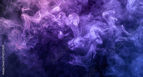 Swirling clouds of purple and blue smoke billow against a dark black background.