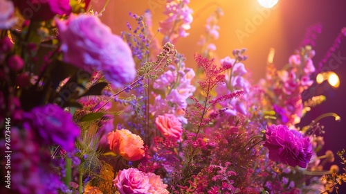 Close-up shots of intricate floral arrangements on the stage.
