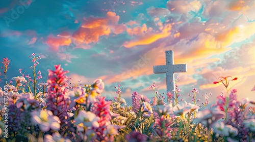 a white Christian cross adorned with vibrant spring flowers against a backdrop of a beautiful sun-kissed sky.