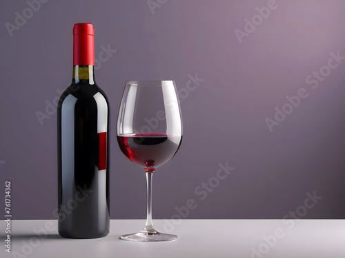 Red Wine Bottle And Glass, On A Table, Bottles Have Clean Label, For Insert Of Custom Design, Isolated Background, Copy Space For Text Placement