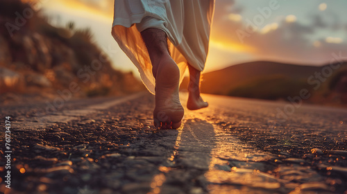 Close up of Jesus's feet walking on a road, symbolizing spiritual journey and faith.
