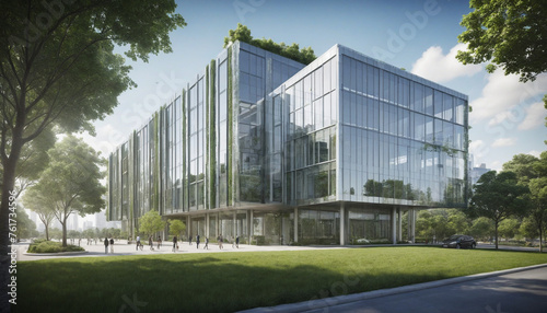 Eco-friendly building in the modern city. Sustnable glass office building with tree for reducing carbon dioxide. Office building with green environment. Corporate building reduce CO2. photo