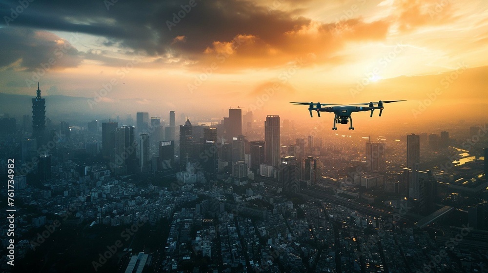 Photograph drones or flying taxis in urban airspace. - obrazy, fototapety, plakaty 