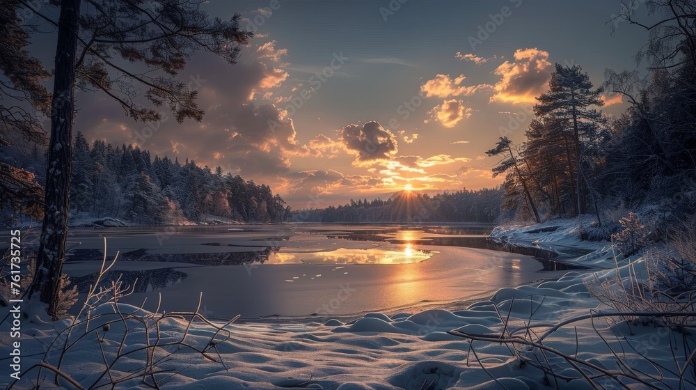 landscape, sunrise over frozen lake, pines, beautiful,  