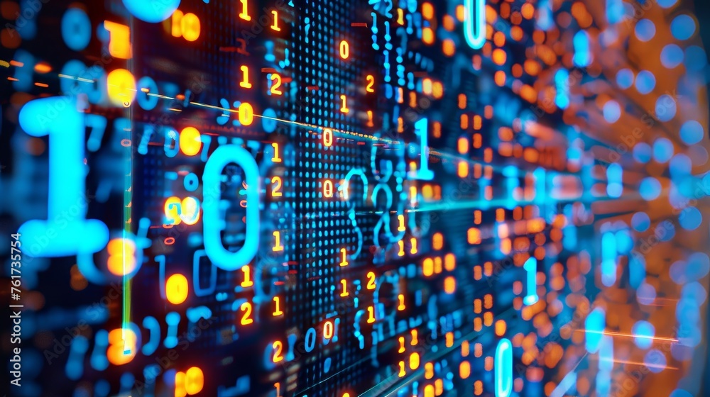 Digital data stream with pixelated binary code and encryption concept, glowing red and blue dots Digital data stream with pixelated binary code and encryption concept, glowing red and blue dots
