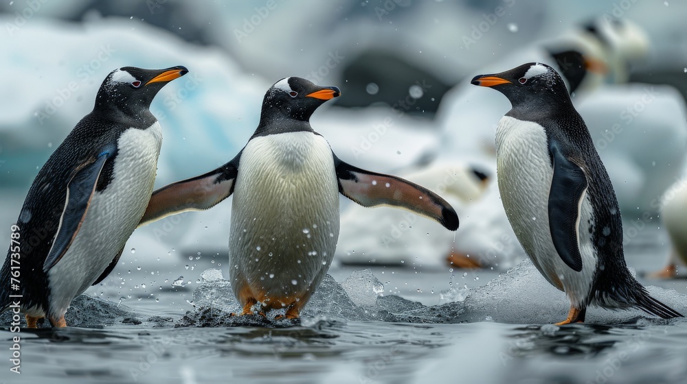 Fototapeta premium a scene from antarctica of penguins playing in water
