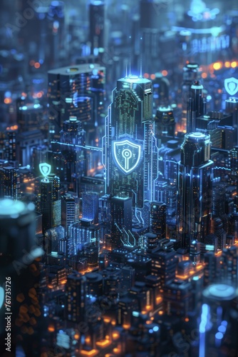 Cybersecurity shield icons hovering over a digital cityscape, in glowing blue neon.