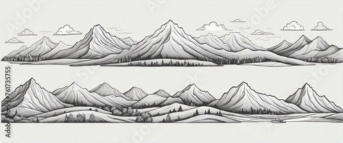 Hand drawn landscape doodle set. Nature mountn cartoon icon collection. Outdoor environment bundle, natural scenery element illustration. photo