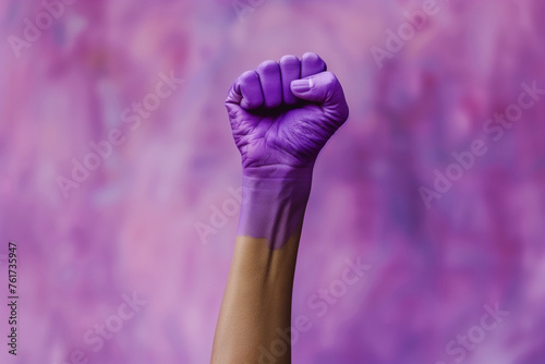 Raised fist with purple paint, representing the fight for women's rights