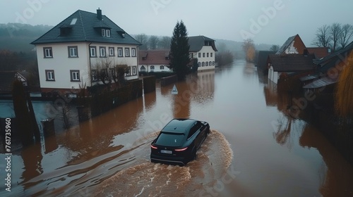 Fototapeta Naklejka Na Ścianę i Meble -  Torrential rain causing severe flooding in the picturesque streets of a quaint small town