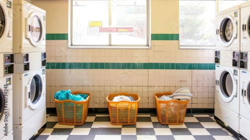 Quiet laundry room with washing machines - An empty  tranquil laundromat with washing machines lined up and laundry baskets ready for use