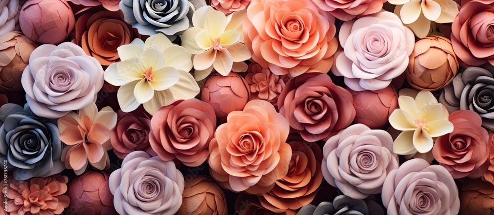 The picture displays a variety of roses, including hybrid tea roses, in different colors such as pink, blue, and more. They are great for flower arranging and creative arts - obrazy, fototapety, plakaty 