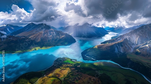 A birds eye view of a lake nestled among towering mountains, creating a serene and picturesque landscape.