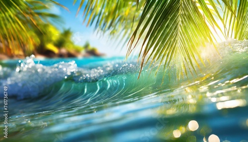 Blurred water wave under palm leaves, depicting fresh sunny summer