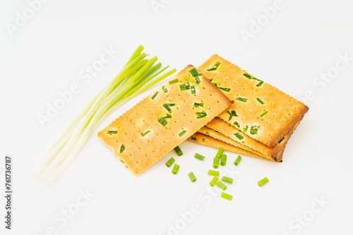 Chive biscuits on white background