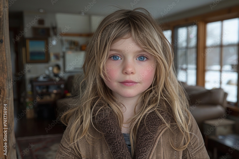 A little girl stands next to a couch in a living room