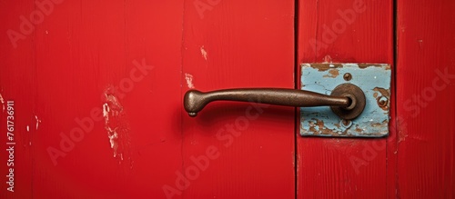 A closeup of a red door handle, made of metal and attached to a wooden door. The fixture includes a deadbolt lock, a crucial household hardware photo