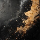 a black and gold liquid with white and gold spots