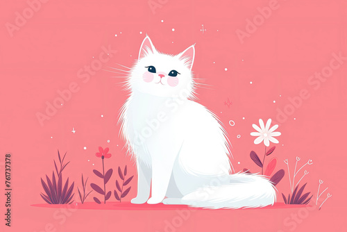 Cute home calm white kitty sitting, resting. Happy feline animal with collar. Flat vector illustration isolated on pink background