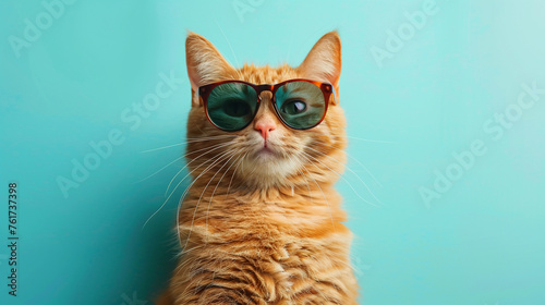 Close-up portrait of a humorous ginger cat in sunglasses isolated on light cyan background focusing on vibrant fur and playful expression
