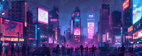 Vibrant Neon City Night by Digital Artist SAI, To provide a visually stunning and unique digital art illustration of a modern city at night with