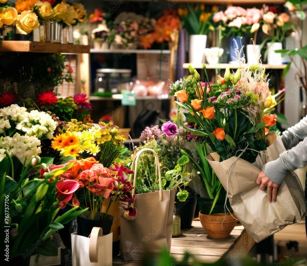 Flower shop filled with beautiful flowers.
Colorful, realistic photo. Generative AI