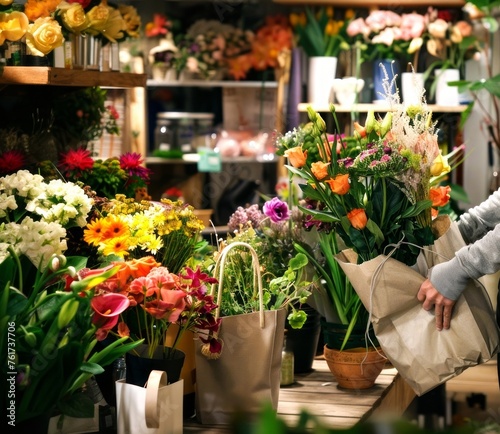 Flower shop filled with beautiful flowers. Colorful, realistic photo. Generative AI