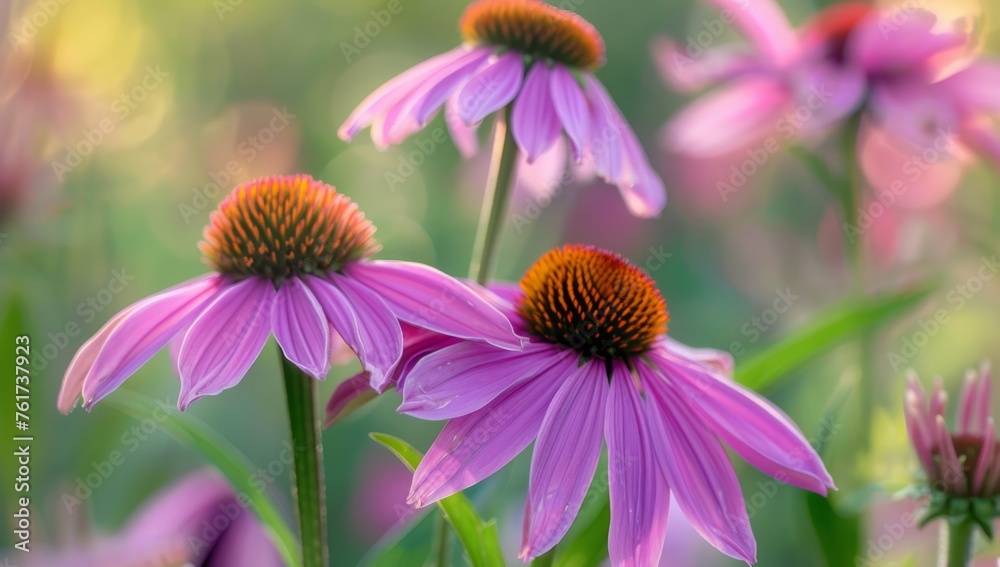 Fototapeta premium Closeup of Echinacea flowers in the wild, with blurred background Generative AI