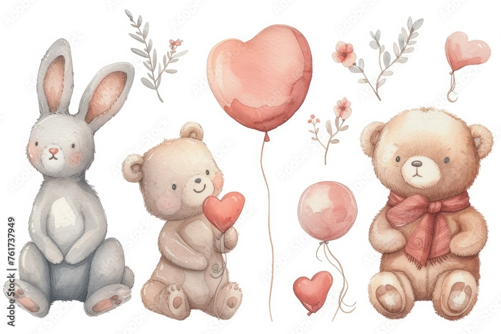 Set with animals bunny's, bears, with hearts balloons and garland; watercolor hand drawn illustration; with white isolated background Set with animals bunny's, bears, with hearts balloons and garland; watercolor hand drawn illustration; with white isolated background